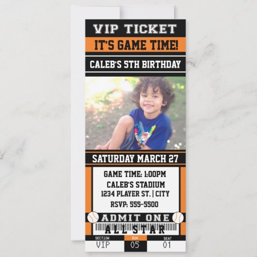 BASEBALL Oranje & Black TICKET PHOTO-uitnodiging Kaart (Voorkant)