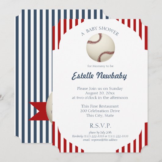 Baseball Park Stripes Baby shower Kaart (Voorkant / Achterkant)