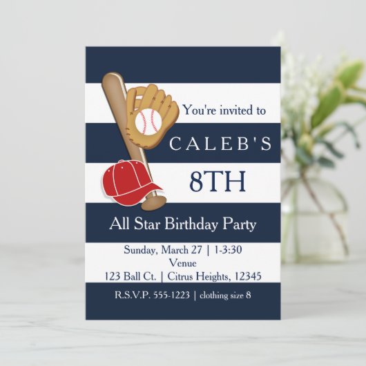 Baseball Party Blue Stripes Verjaardag Uitnodiging (Staand voorkant)