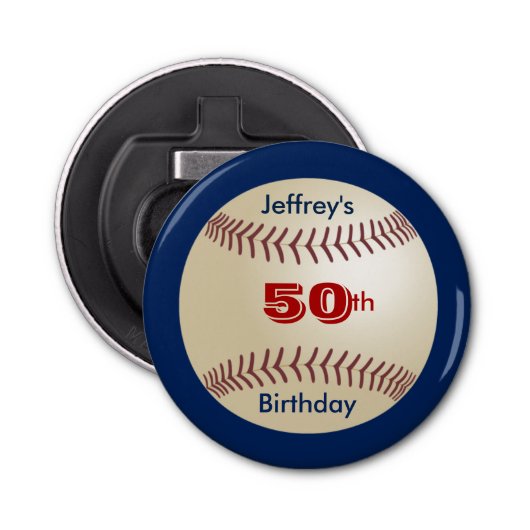 Baseball Party Favor 50e Verjaardag Naam Button Button Flesopener (Voorkant)