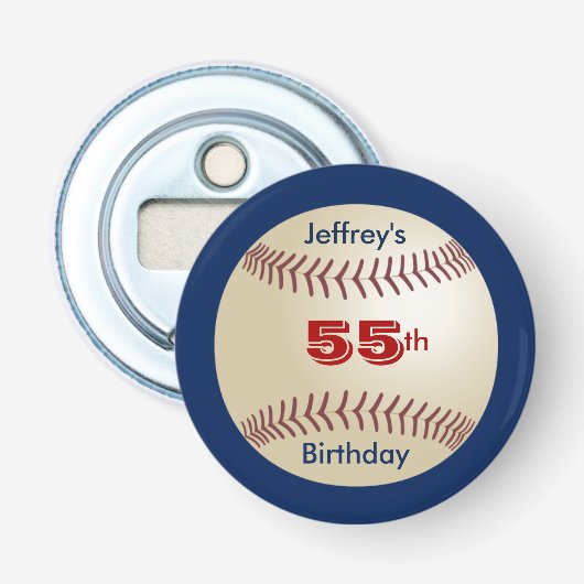 Baseball Party Favor 55th Birthday, Name, Magnetic Button Flesopener (Voorkant)