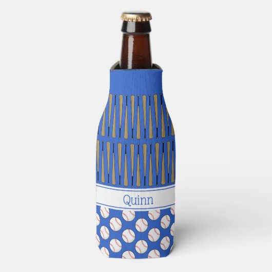 Baseball-patroon aangepaste naam blauw flesjeskoeler (Fles Voorkant)
