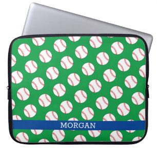 Baseball Patroon, Naam, Blauw & Groen Laptop Sleeve