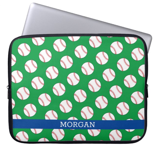 Baseball Patroon, Naam, Blauw & Groen Laptop Sleeve (Voorkant)