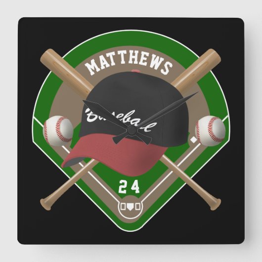 Baseball Pet Bats Diamond Persoonlijk Naam Number Vierkante Klok (Voorkant)