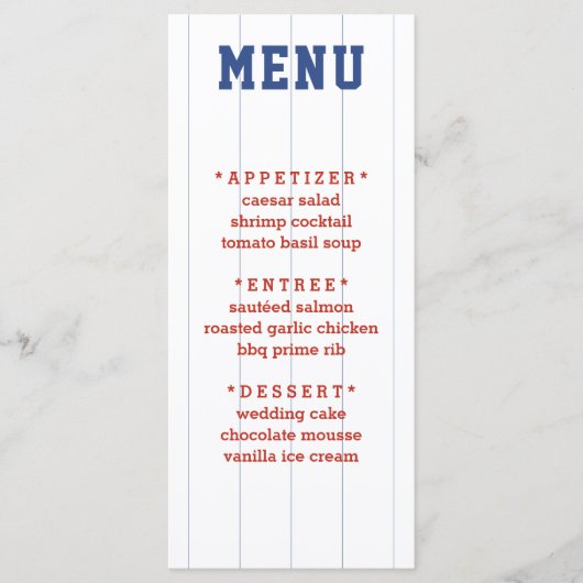 Baseball Pinstripe Bruiloft Details Menu (Voorkant)
