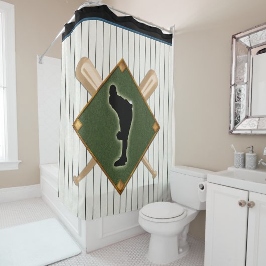 Baseball Pinstripe Logo met Pitcher Douchegordijn (In situ)