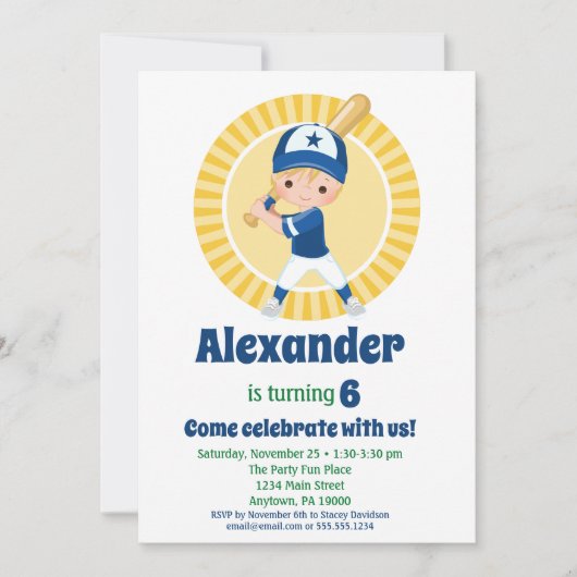 Baseball Player - Blonde Boys Birthday Uitnodiging (Voorkant)