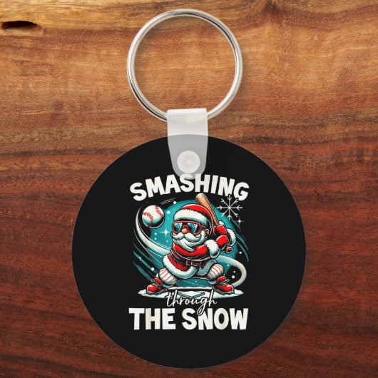 Baseball Player Christmas Santa, Smashing Through  Sleutelhanger (Voorkant)