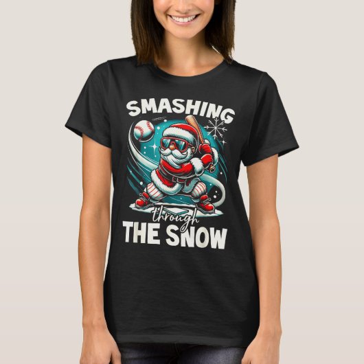 Baseball Player Christmas Santa, Smashing Through  T-shirt (Voorkant)
