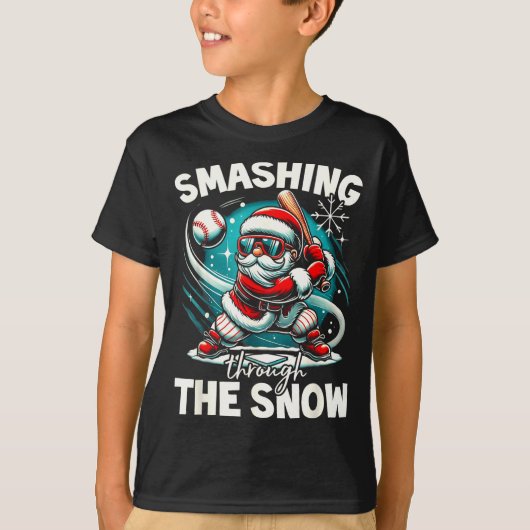 Baseball Player Christmas Santa, Smashing Through  T-shirt (Voorkant)