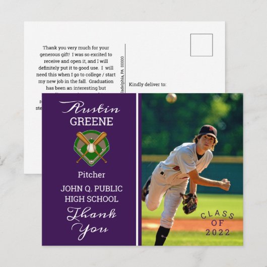 Baseball Player Photo Paars Afstuderen Hartelijk d Briefkaart (Voorkant / Achterkant)