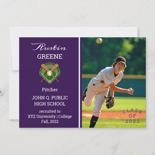 Baseball Player Photo Paars Afstuderen Uitnodiging (Voorkant)