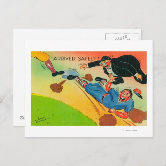 Baseball Player Sliding to Base, aangevend Briefkaart (Voorkant / Achterkant)