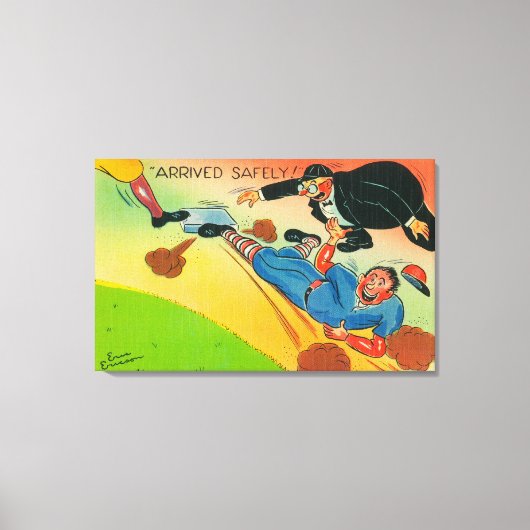 Baseball Player Sliding to Base, aangevend Canvas Afdruk (Voorkant)