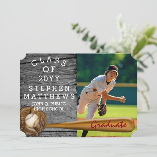 Baseball Player Sports Rustic Photo Afstuderen Kaart (Staand voorkant)