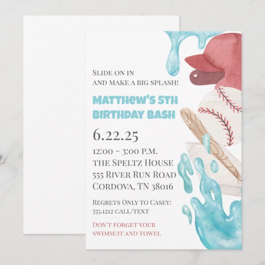 Baseball Pool Party Birthday Invitation Kaart (Voorkant / Achterkant)