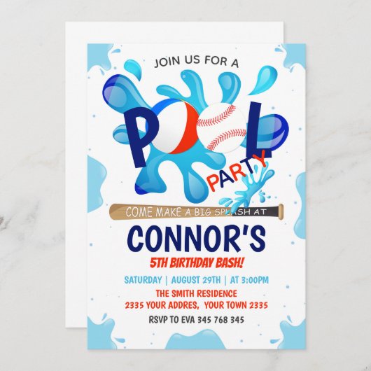 Baseball Pool Party Splish Splash Pool Birthday Kaart (Voorkant / Achterkant)