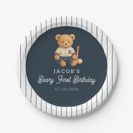 Baseball Preppy Bear 1st Birthday Papieren Bordje (Voorkant)