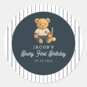 Baseball Preppy Bear 1st Birthday Ronde Sticker (Voorkant)