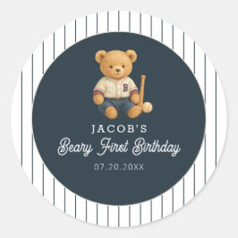 Baseball Preppy Bear 1st Birthday Ronde Sticker