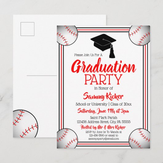 Baseball Red & Black Graduparty Uitnodiging Briefkaart (Voorkant / Achterkant)
