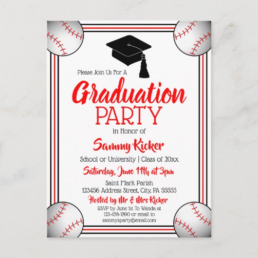 Baseball Red & Black Graduparty Uitnodiging Briefkaart (Voorkant)