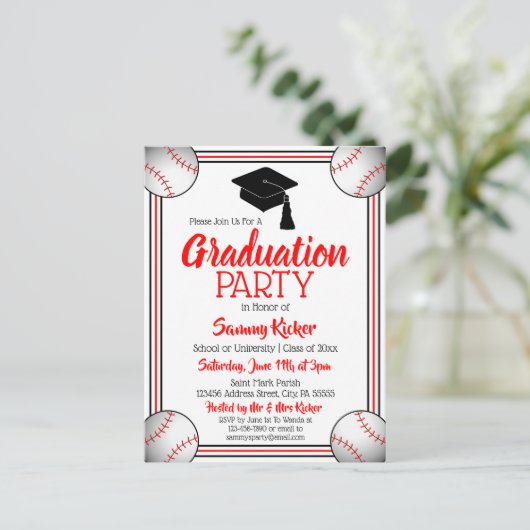 Baseball Red & Black Graduparty Uitnodiging Briefkaart (Staand voorkant)