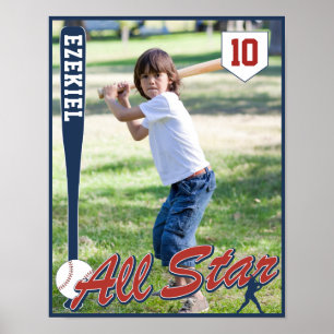  Baseball Red en Navy Blue Birthday Foto Poster