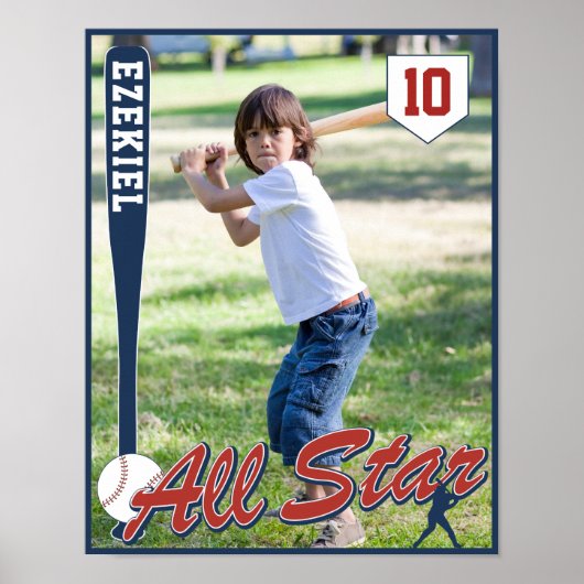  Baseball Red en Navy Blue Birthday Foto Poster (Voorkant)