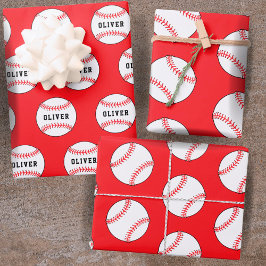 Baseball Red Pattern Kinder naam Birthday Inpakpapier Vel