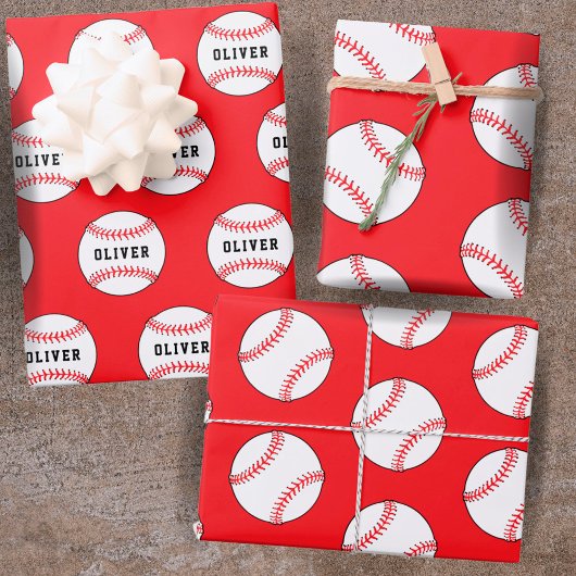 Baseball Red Pattern Kinder naam Birthday Inpakpapier Vel