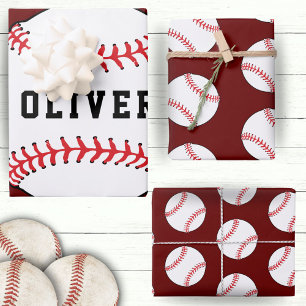 Baseball Red Pattern Kinder naam Birthday Inpakpapier Vel