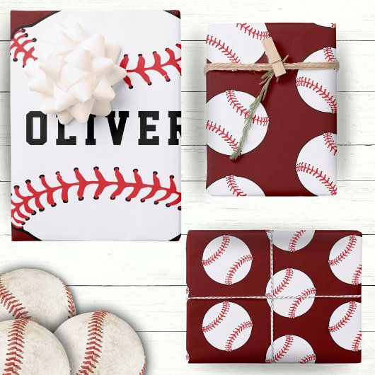 Baseball Red Pattern Kinder naam Birthday Inpakpapier Vel