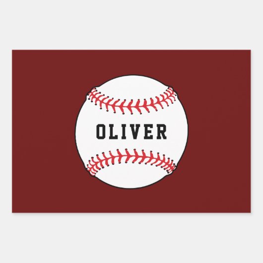 Baseball Red Pattern Kinder naam Birthday Inpakpapier Vel (Voorkant)