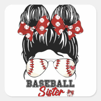 Baseball Sister, Proud Sister, Messy Bun Baseball Vierkante Sticker