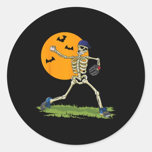 Baseball Skeleton Halloween Mannen Boys Baseball H Ronde Sticker (Voorkant)