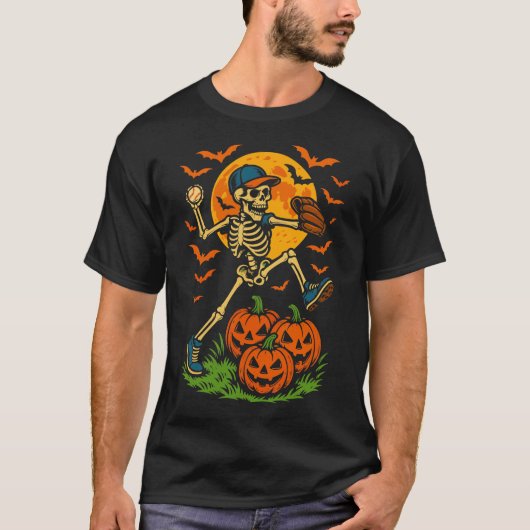 Baseball Skeleton Halloween Mannen Boys Baseball T-shirt (Voorkant)