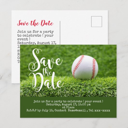 Baseball slaat de datum op met een bal op groen gr briefkaart (Voorkant / Achterkant)