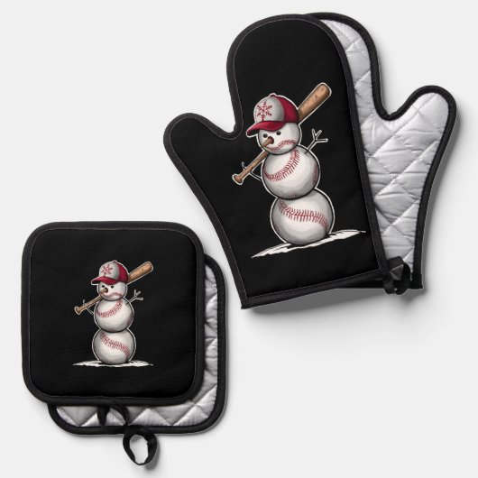 Baseball Snowman Balls Sneeuwkerstcadeautjes Ovenwant & Pannenlap Set (Voorkant / Achterkant)