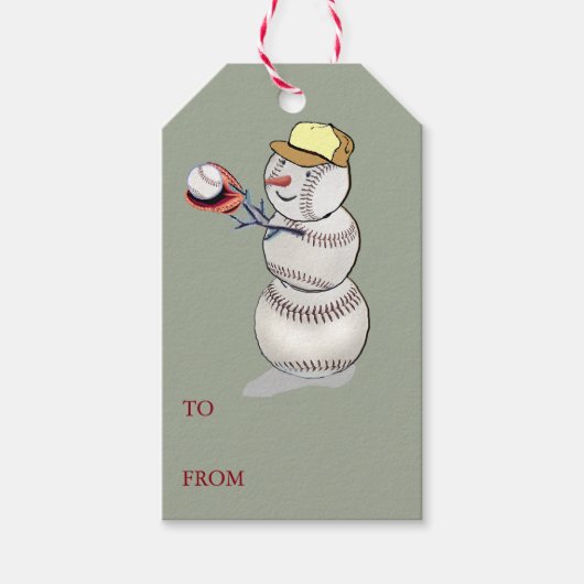 Baseball Snowman Kerstmis Cadeaulabel (Voorkant)