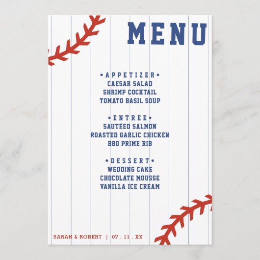 Baseball Softball Pinstripe Huwelijksreceptie Menu (Voorkant)