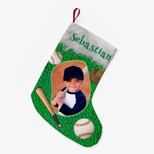 Baseball Speler Coach Softball Speler Foto Naam Kleine Kerstsok (Voorkant (Hangend))
