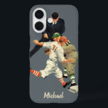 Baseball-spelers op sportgebied, veilig op het Bo iPhone 16 Hoesje<br><div class="desc">Gemakkelijk om telefoongeval aan te passen,  voeg enkel jouw naam toe!  illustratie van het ontwerp van honkbal in de sport met ouderwetse honkbalspelers die een spel spelen. Er is een pompoen,  een vanger die een honkbal probeert te vangen en een loper die het veilig naar de thuisbasis brengt.</div>