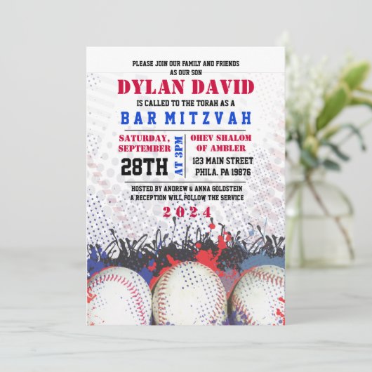 BASEBALL Splatter Bar Bat Mitzvah Uitnodiging (Staand voorkant)