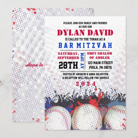 BASEBALL Splatter Bar Bat Mitzvah Uitnodiging (Voorkant / Achterkant)