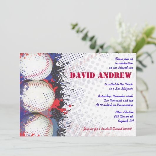 BASEBALL Splatter Bar Bat Mitzvah Uitnodiging (Staand voorkant)