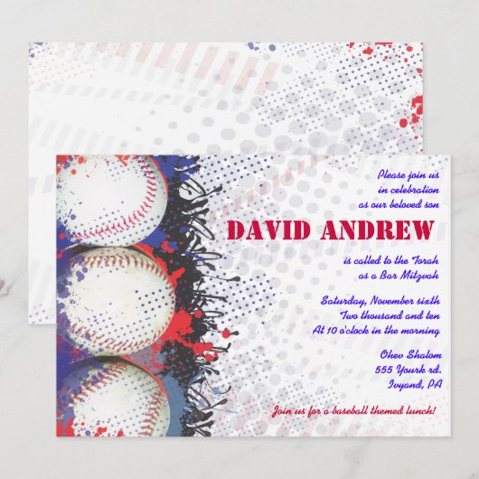 BASEBALL Splatter Bar Bat Mitzvah Uitnodiging (Voorkant / Achterkant)