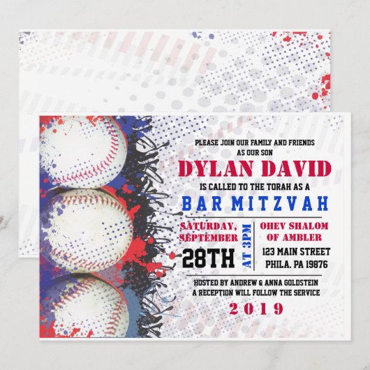 BASEBALL Splatter Bar Bat Mitzvah Uitnodiging (Voorkant / Achterkant)