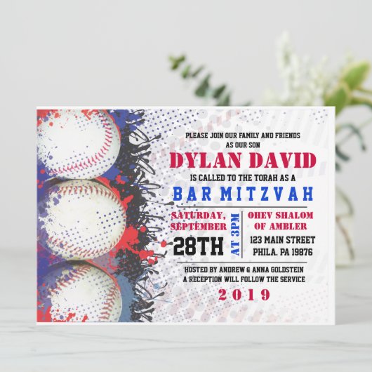 BASEBALL Splatter Bar Bat Mitzvah Uitnodiging (Staand voorkant)